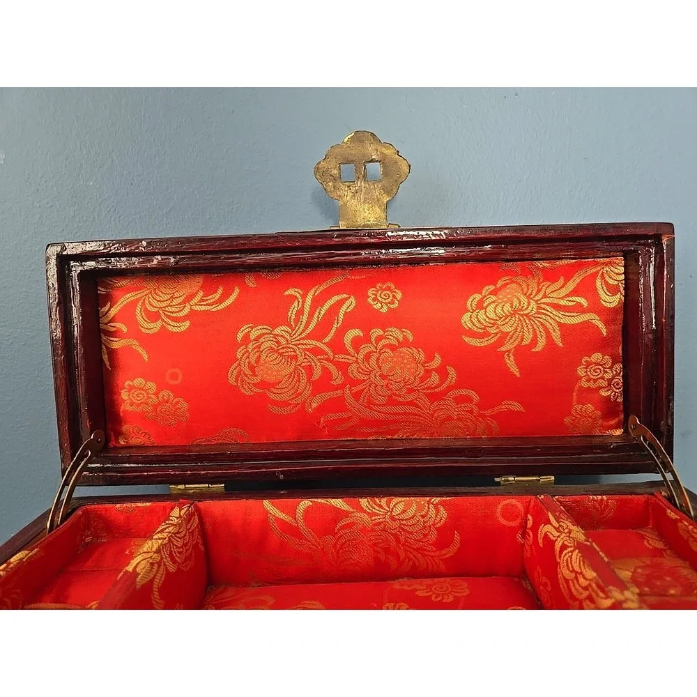 Vtg Chinese Wooden Jewelry Box w Ornate Brass & White Jade Silk Lined Redwood
